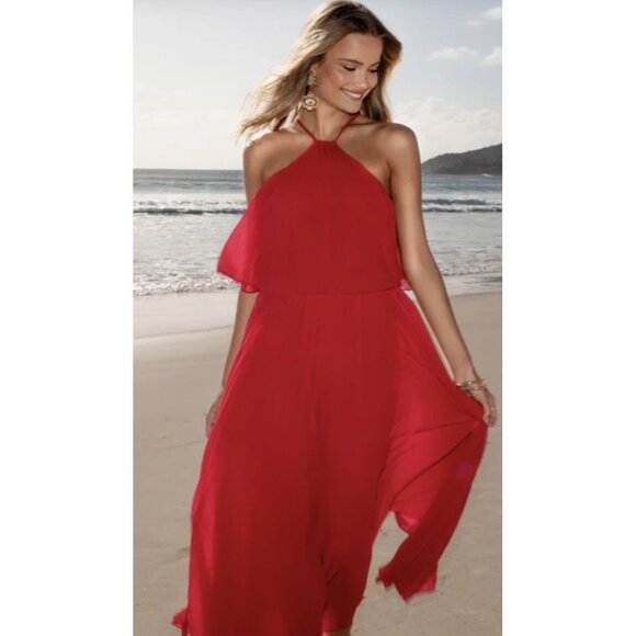 Petal & Pup Gia Red Pleated Halter Maxi Dress L Nordstrom Formal Wedding Beach - Picture 1 of 11